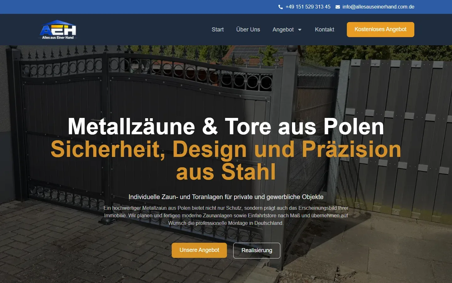 Podstrona „Metallzäune & Tore” serwisu Alles aus einer Hand