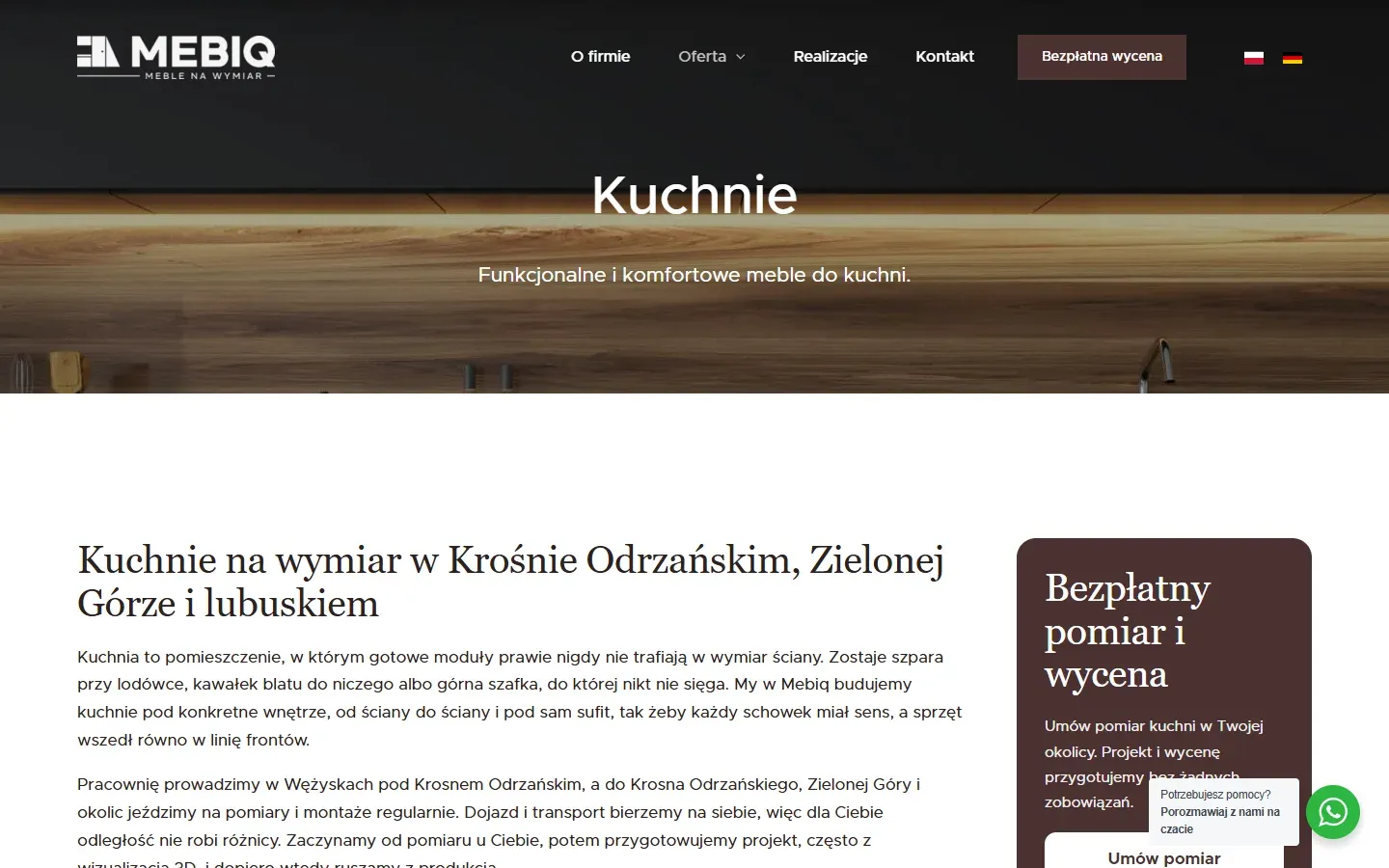 Podstrona „Kuchnie” serwisu Mebiq