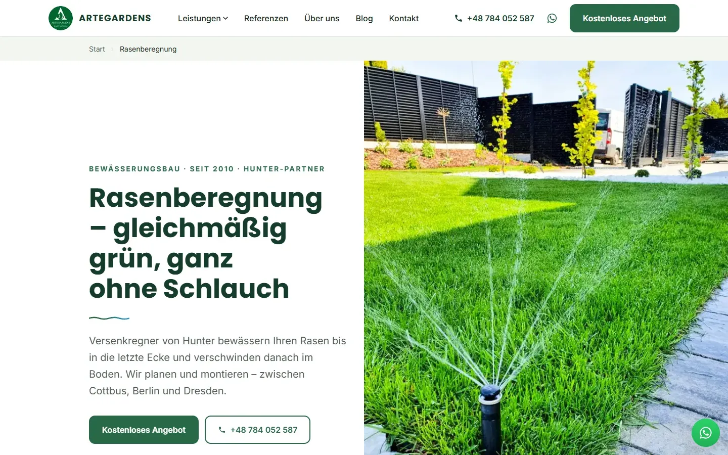 Podstrona „Rasenberegnung” serwisu Artegardens