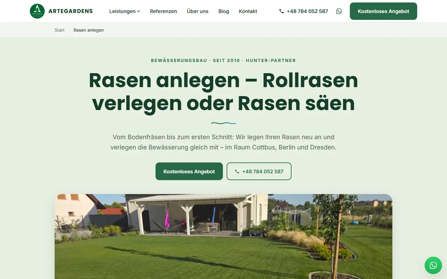 Podstrona „Rasen anlegen” serwisu Artegardens