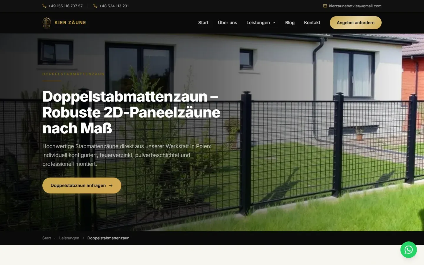 Podstrona „Doppelstabmattenzaun” serwisu KIER Zäune