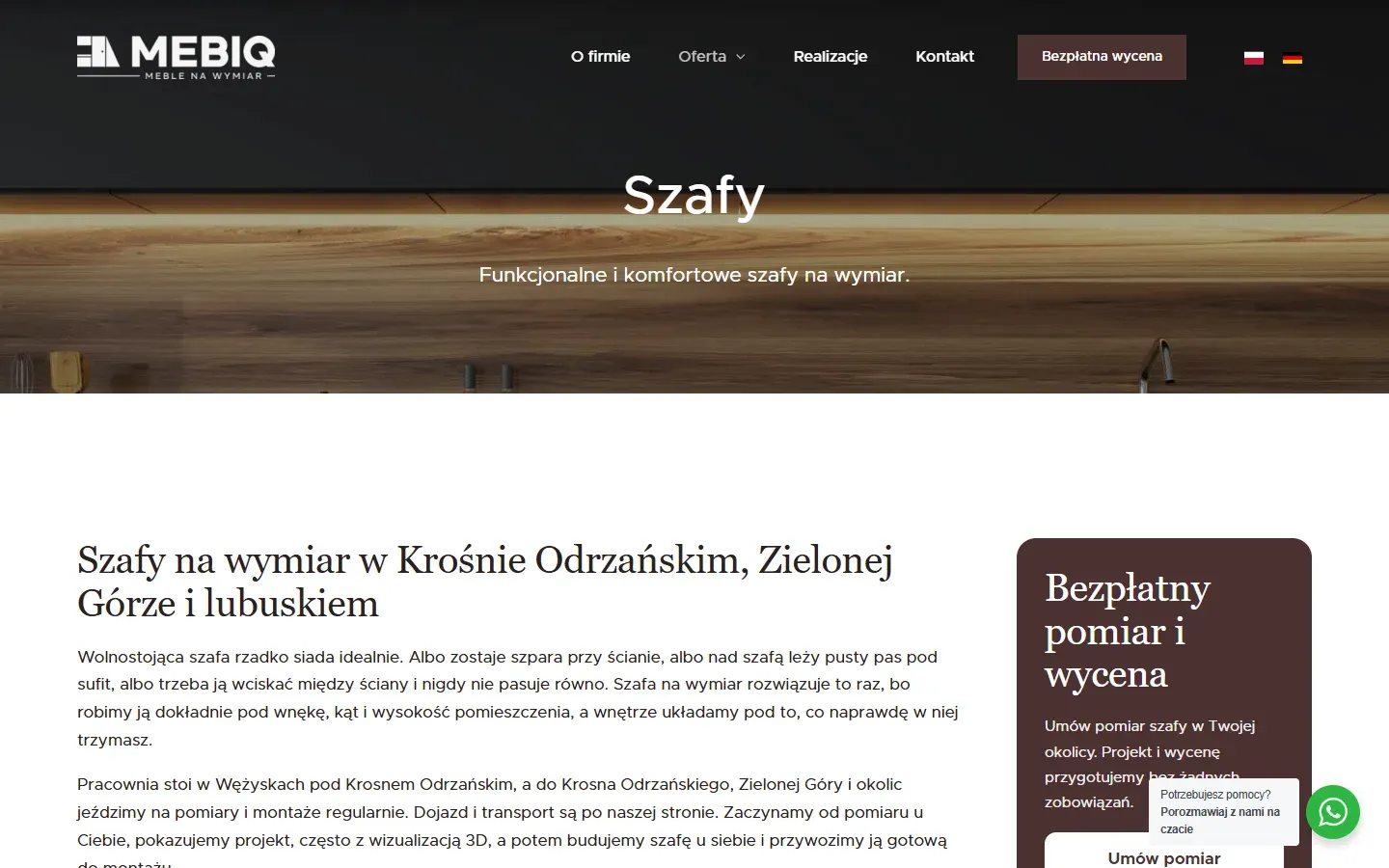 Podstrona „Szafy” serwisu Mebiq