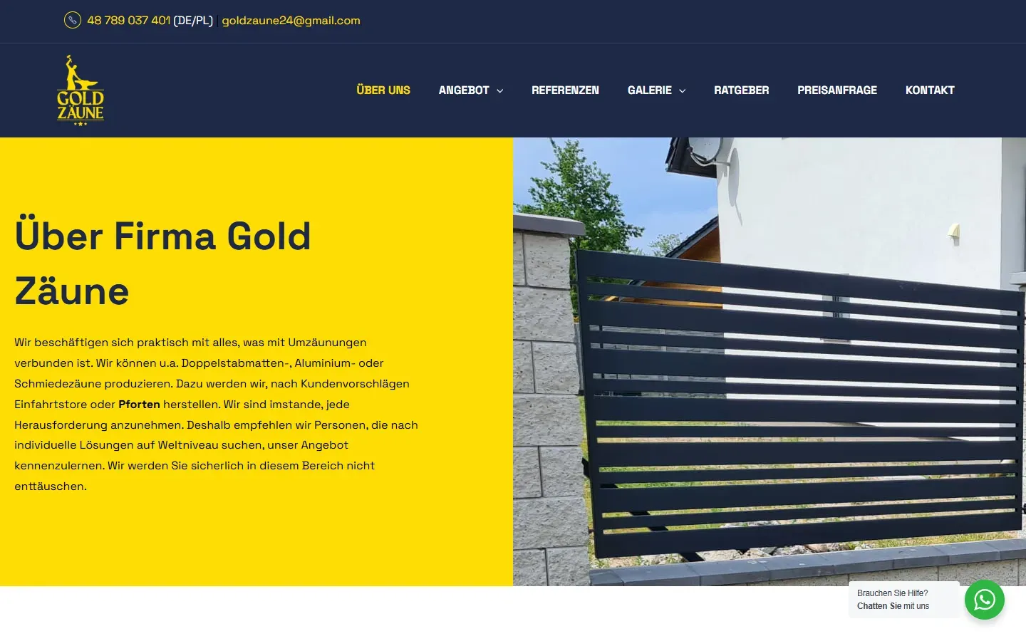 Podstrona „Über uns” serwisu Gold Zäune