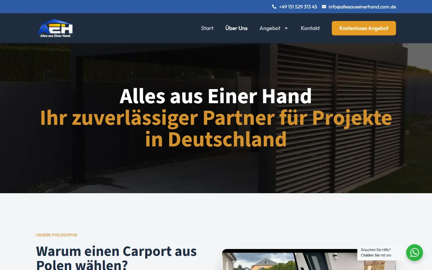 Podstrona „Über uns” serwisu Alles aus einer Hand