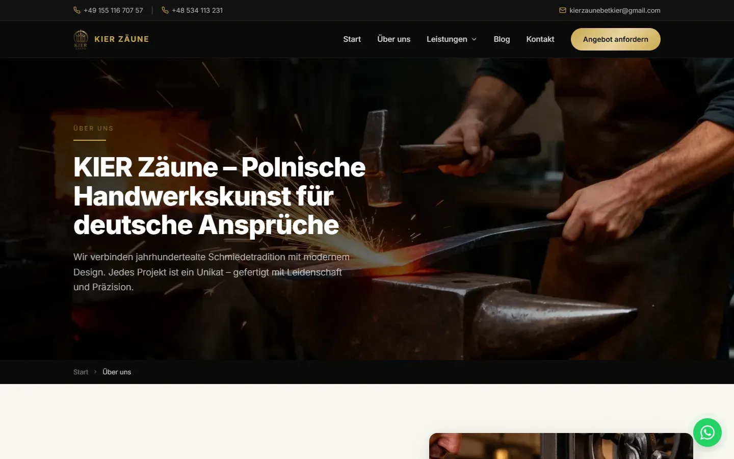Podstrona „Über uns” serwisu KIER Zäune